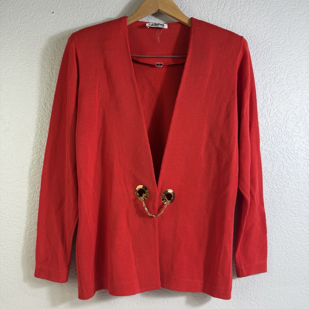Vintage St. John By Marie Gray Knit Swaer & Skirt Red W/ Gold Accessories Size 8 - Picture 2 of 14